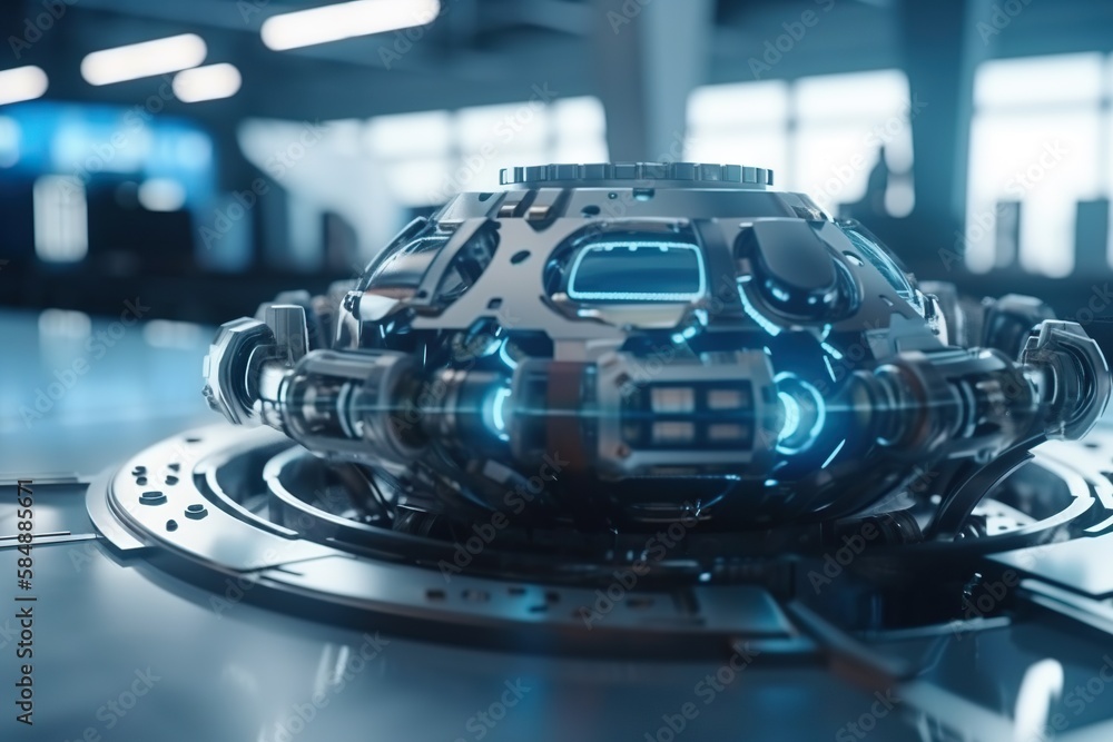 Poster a futuristic object is shown on a table in a room with windows factory animation motion graphics