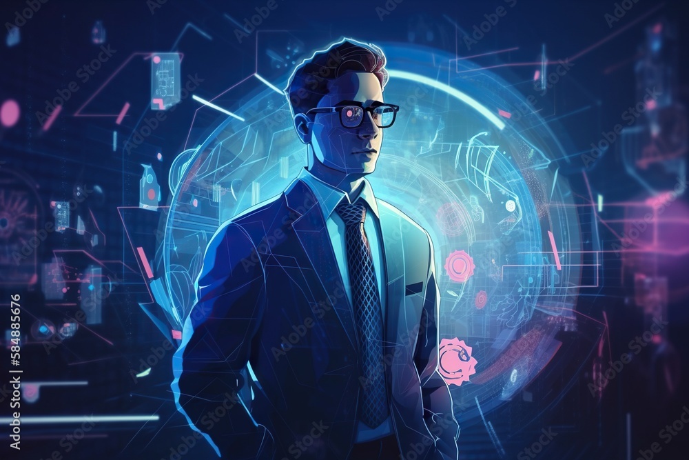 Poster a man in a suit and tie standing in front of a futuristic background law office animation data analy