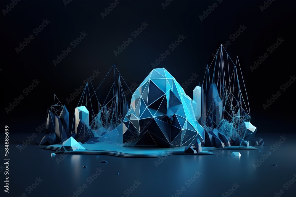 Aufkleber a blue abstract polygonal object with a dark background and water droplets iceberg video art motion 