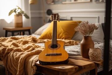 bedside guitar or ukulele. cushions and fluffy blanket in modern bedroom with boho design in warm room. Generative AI