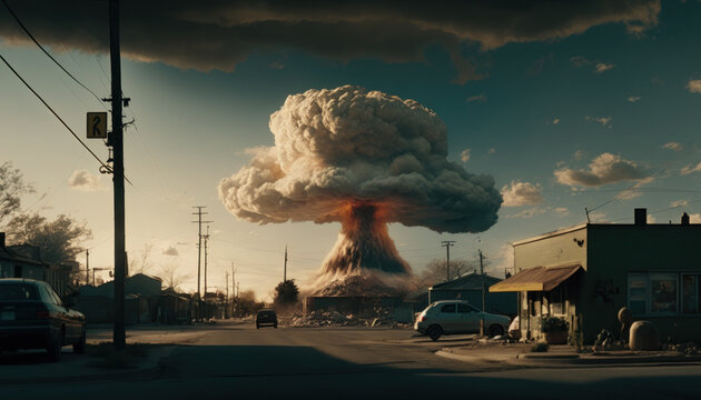 Mushroom cloud after atomic bomb explosion in city. The concept of nuclear war. AI generated