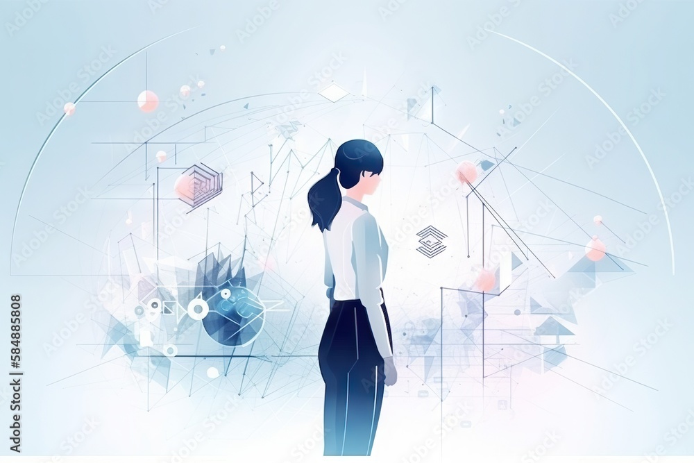 Poster a woman standing in front of a futuristic background with a clock workshop animation hr analytics