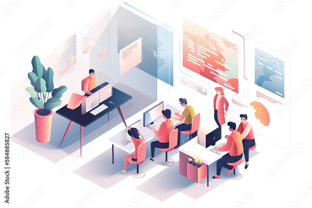 Poster a group of people sitting at a table in front of a computer workshop graphic design infographic desi