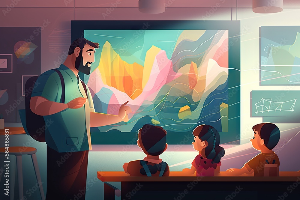 Poster a man teaching a class of children in a classroom with a large painting behind him classroom color f