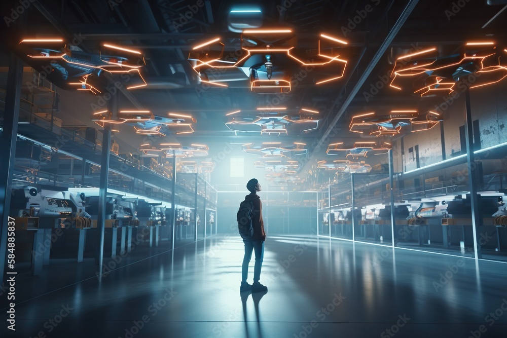 Poster a person standing in a room with lots of lights on the ceiling factory animation supply chain optimi