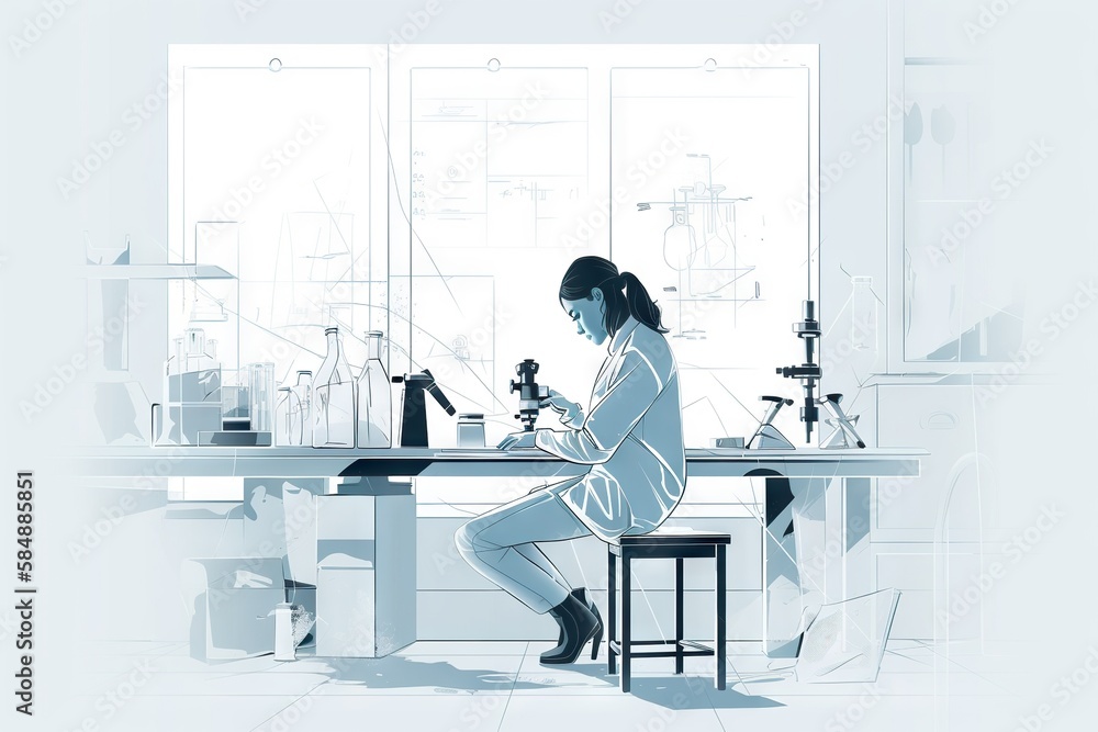Poster a woman sitting at a table in a lab with a microscope workshop lithography science writing