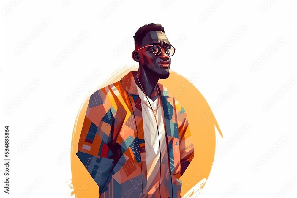 Poster a man with glasses and a colorful jacket on is standing in front of a white background zoo fauvism d