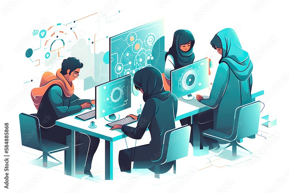Poster a group of people sitting at a table working on computers and using laptops workshop graphic design 