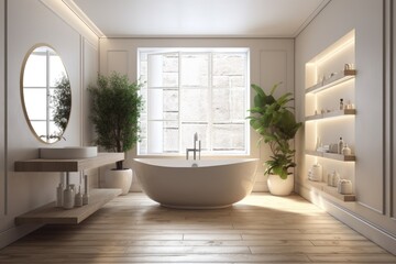 Fototapeta na wymiar Elegant bathroom with white and beige walls, white basin with oval mirror, bathtub, shower, plants, and dark parquet floor. Modern minimalist bathroom. Generative AI