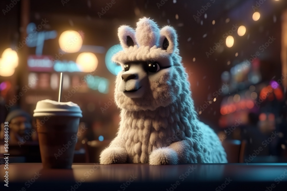 Poster a llama sitting at a table with a drink in front of it coffee shop animation animation filmmaking ge