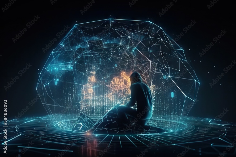 Poster a person sitting in front of a futuristic sphere with lines and dots workshop video art motion graph