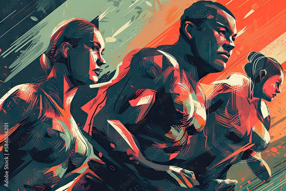 Poster a group of men running in a line with a red background martial arts studio assemblage print design