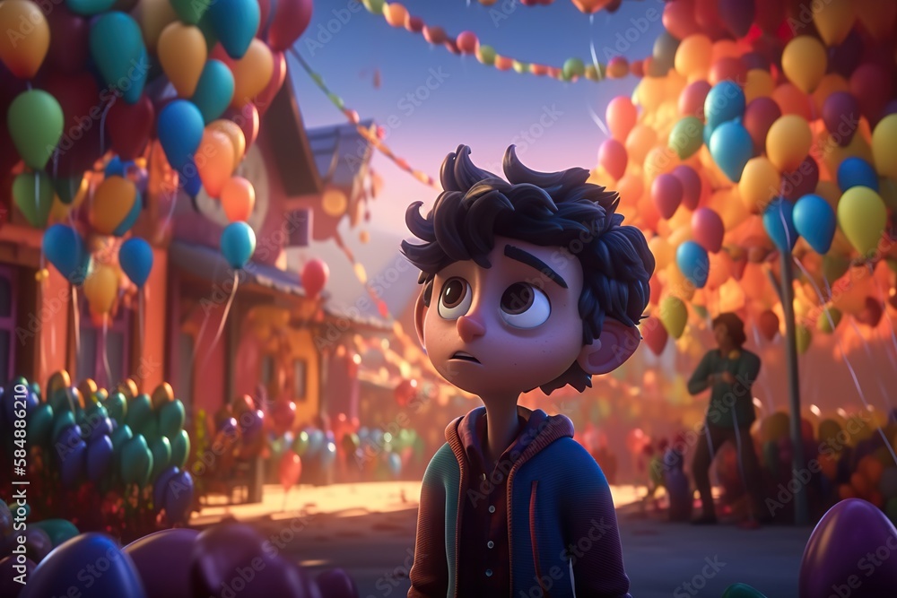 Poster a boy standing in front of a bunch of balloons in a cartoon amusement park animation animation filmm