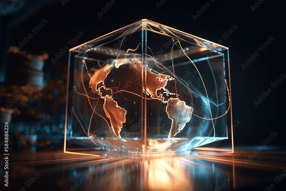 Poster a glass cube with a world map inside of it on a table deep sea trench time-lapse photography supply 