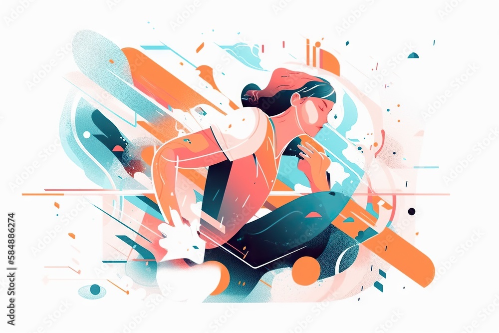 Poster a woman is running with a colorful background and a splash of paint fitness center typography motion