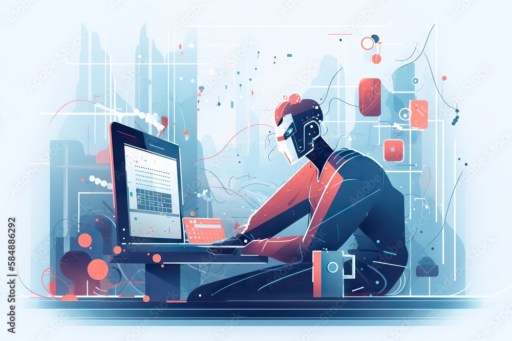Poster a man sitting at a desk using a laptop computer with a screen on it workshop graphic design natural 
