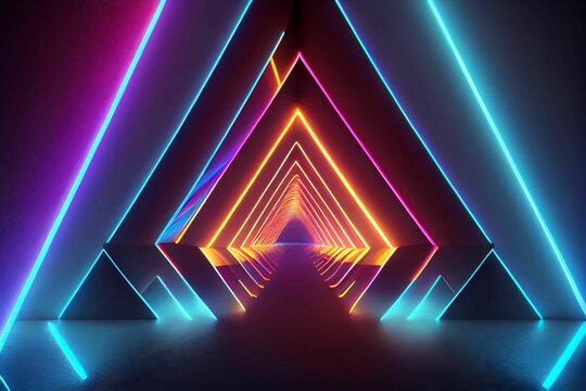 Flying through glowing rotating neon triangles creating a tunnel. Generative AI. © andrenascimento