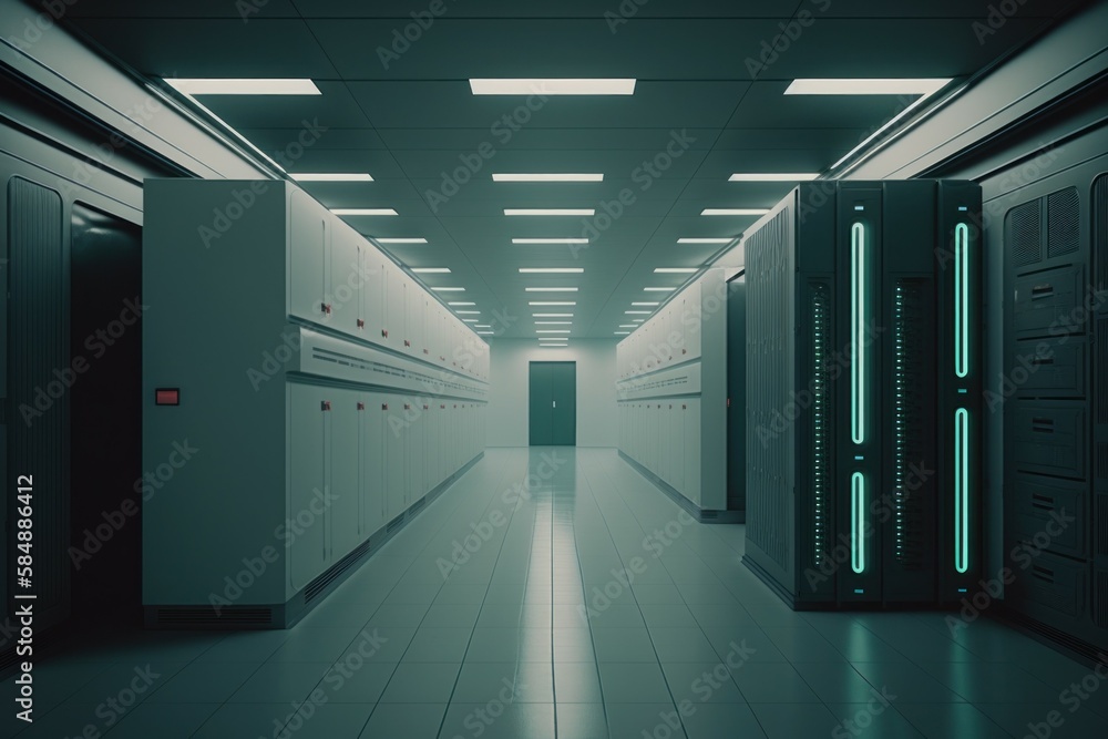 Poster modern data center with computer servers. ai generated, human enhanced.