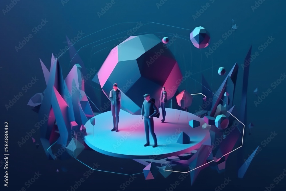 Aufkleber a group of people standing on top of a stage surrounded by geometric shapes oasis animation motion g