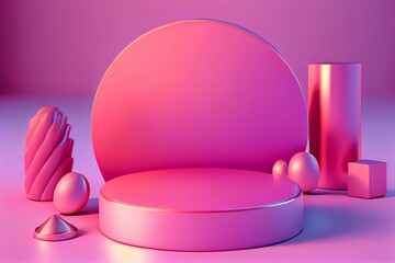 Pink neon round frame with podium, circle, ring shape, empty space. Generative AI.