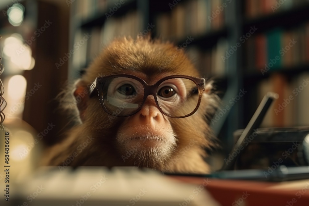 Poster a monkey wearing glasses looking at a laptop computer screen in a library library wildlife photograp