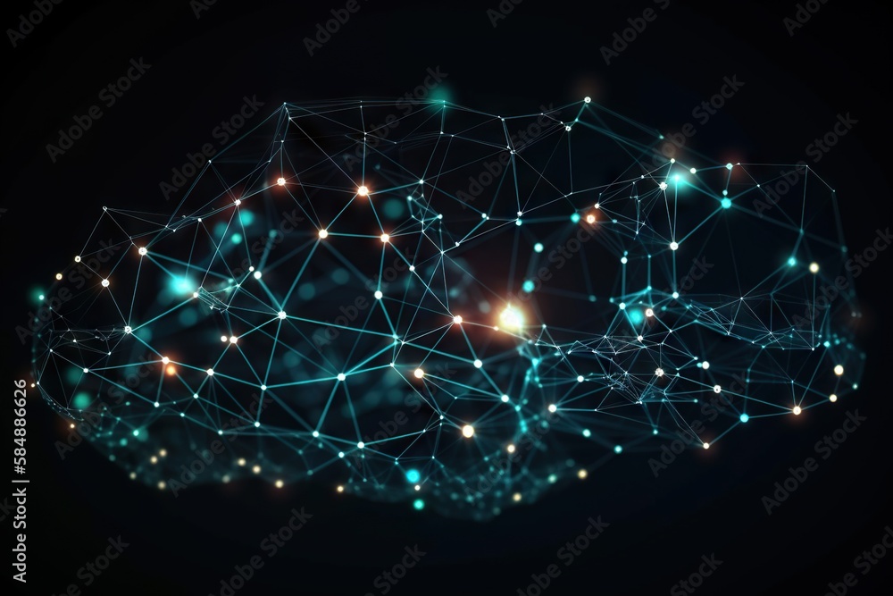 Poster a digital image of a brain with glowing dots and lines on a dark background deep sea trench video ar