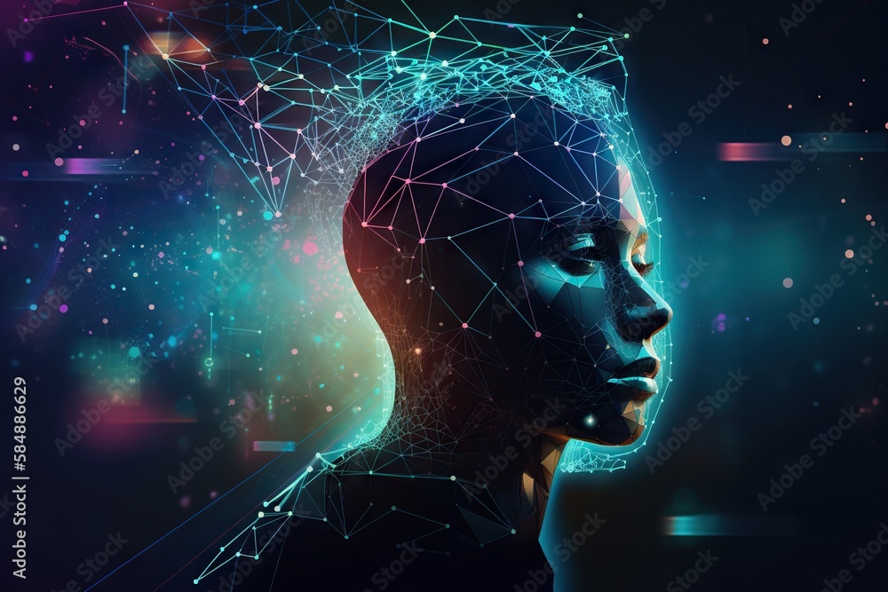 Poster a woman's face with a network of lines and dots workshop graphic design artificial intelligence gene