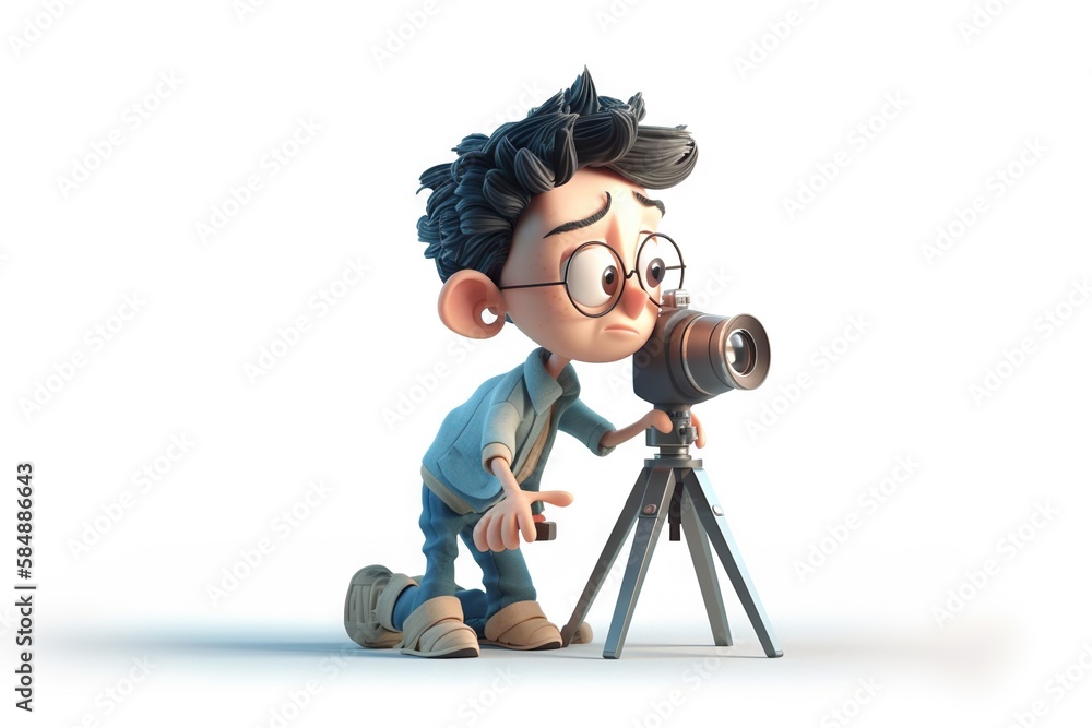 Poster a cartoon boy looking through a camera lens with a tripod workshop animation animation filmmaking ge