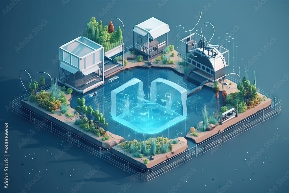 Aufkleber a floating house with a pool and a dock in the middle aquarium environmental art motion graphics gen