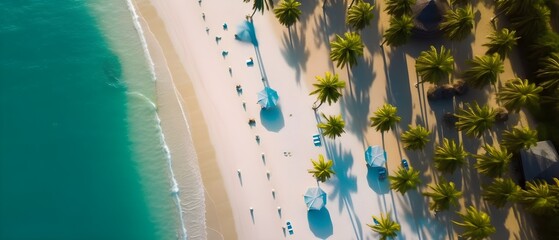 Aerial view of umbrellas, green palms on sandy beach Generative AI