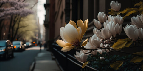 a blooming magnolia in a big city, generative ai
