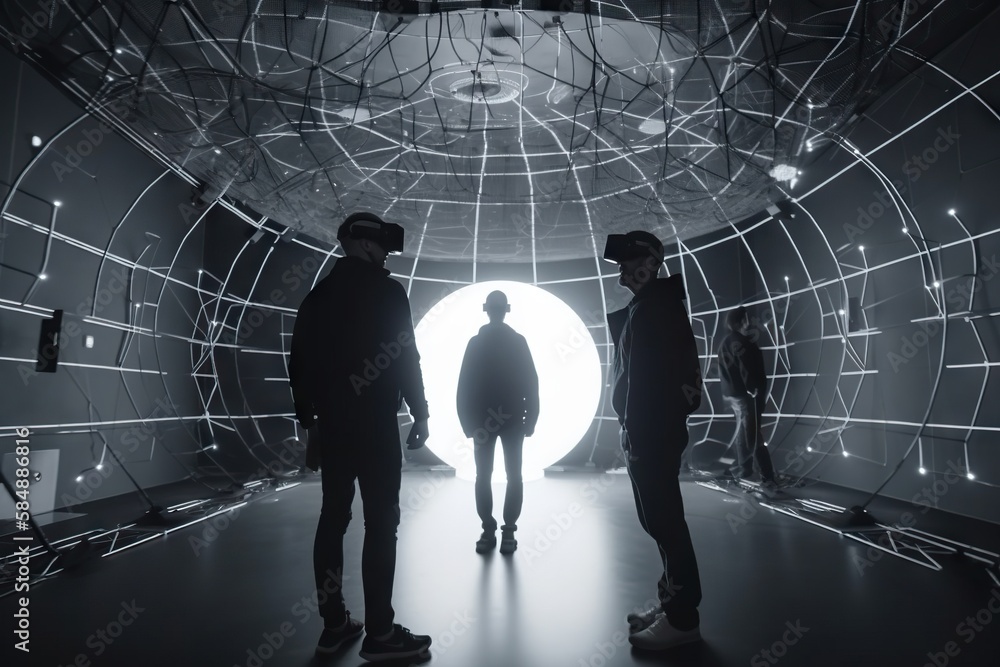 Poster three men standing in a dark tunnel with a light at the end construction site stereoscopic photograp
