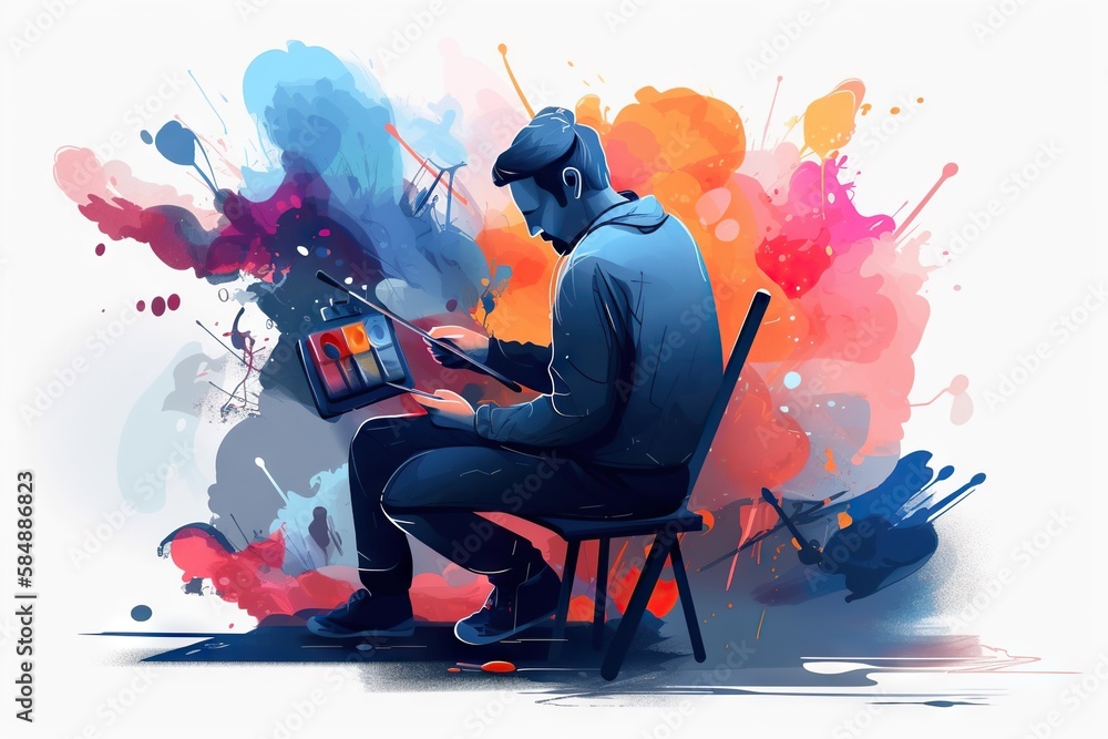 Poster a man sitting in a chair with a laptop computer in his lap workshop graphic design digital illustrat
