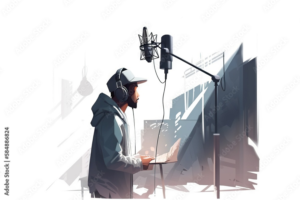 Poster a man in a hoodie is recording a song in a microphone recording studio animation music production