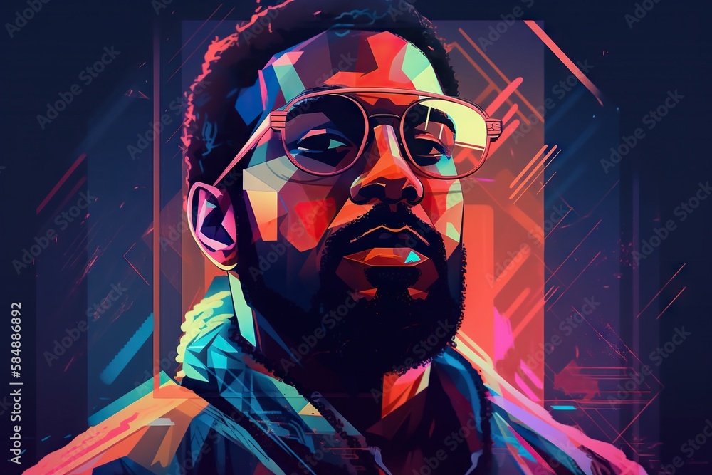 Aufkleber a man with glasses and a beard in a colorful background with a geometric pattern arcade digital art 