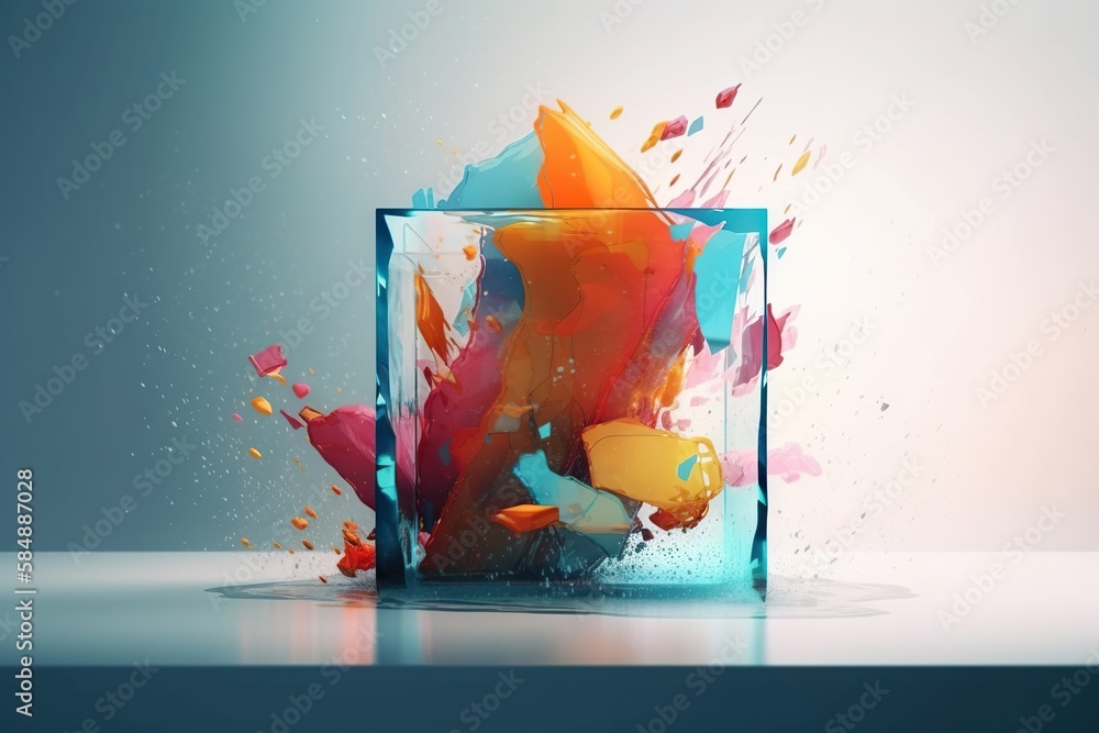 Poster a glass with some paint in it on a table and a blue background aquarium kinetic art motion graphics 
