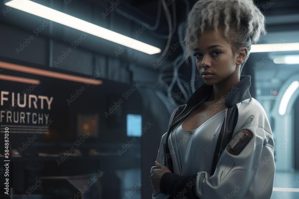 Poster a woman in a futuristic setting with a futuristic background and a futuristic sign arcade animation 