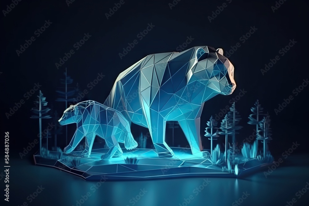 Poster A Bear And Cub Are Standing On A Blue Surface With Trees Zoo Video Art Motion Graphics Generative AI 