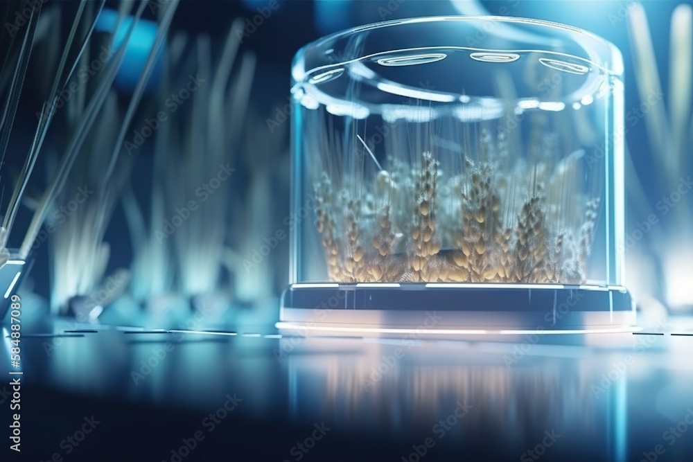 Poster a glass container filled with water and plants on a table with blue lights farm animation motion gra