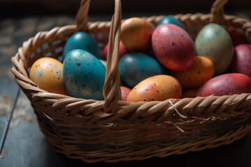 Easter painted eggs in the basket,  Generative AI