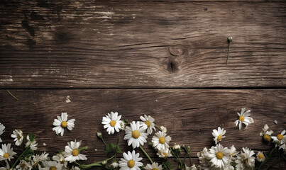white daisy flowers on old wood, flat lay with copy space created with Generative AI technology