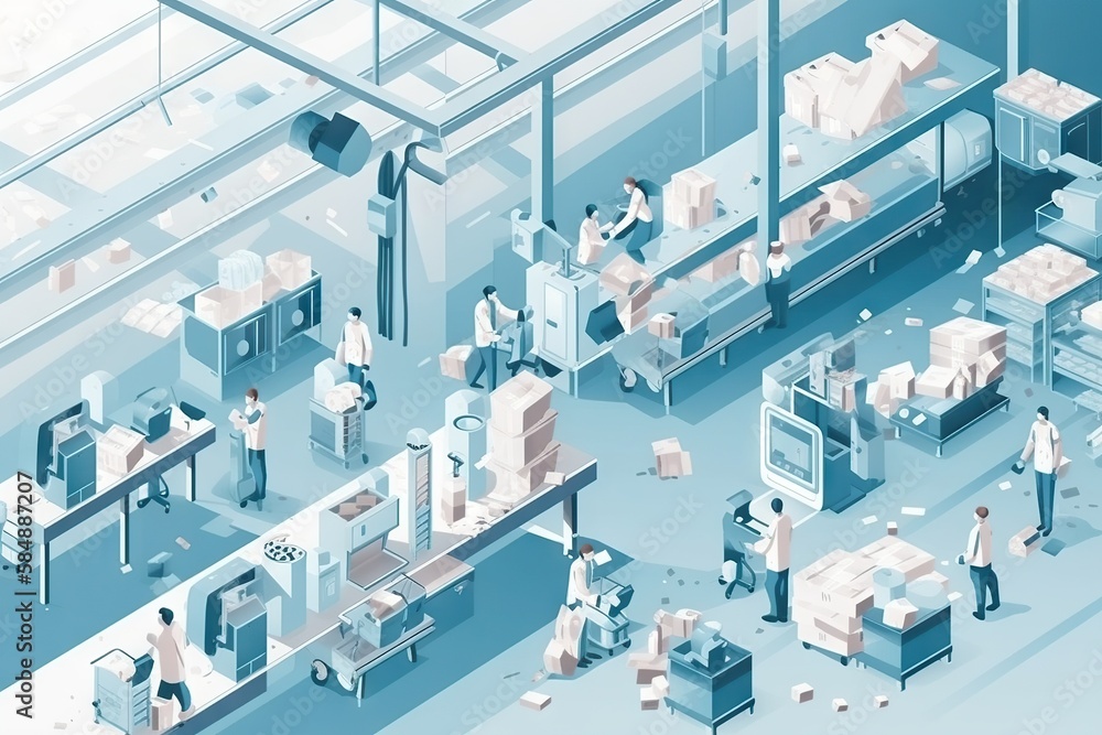 Poster a factory with workers and machines in it's assembly line factory paper cutting supply chain optimiz