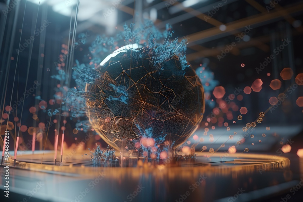 Poster A Glass Ball With A Blue And Yellow Design On It And A Wire Structure In The Background Factory Animation Motion Graphics Generative AI 