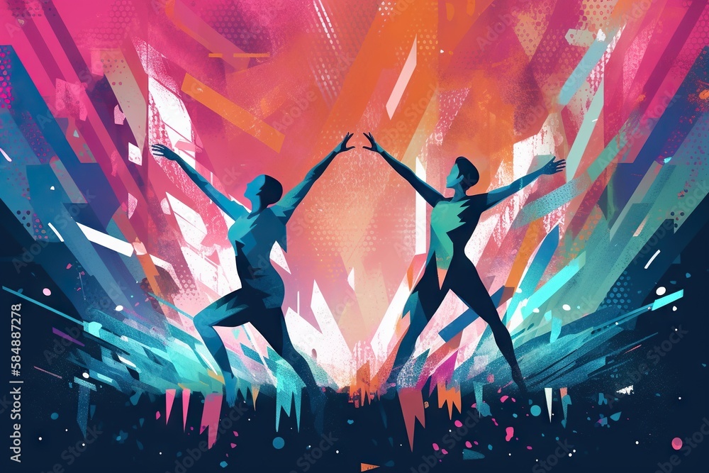 Poster two people are dancing in front of a colorful background with a splash of paint nightclub animation 