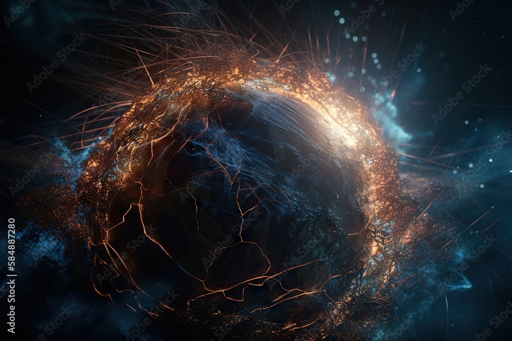 Poster a computer generated image of a ball of fire and sparks in space deep sea trench animation motion gr