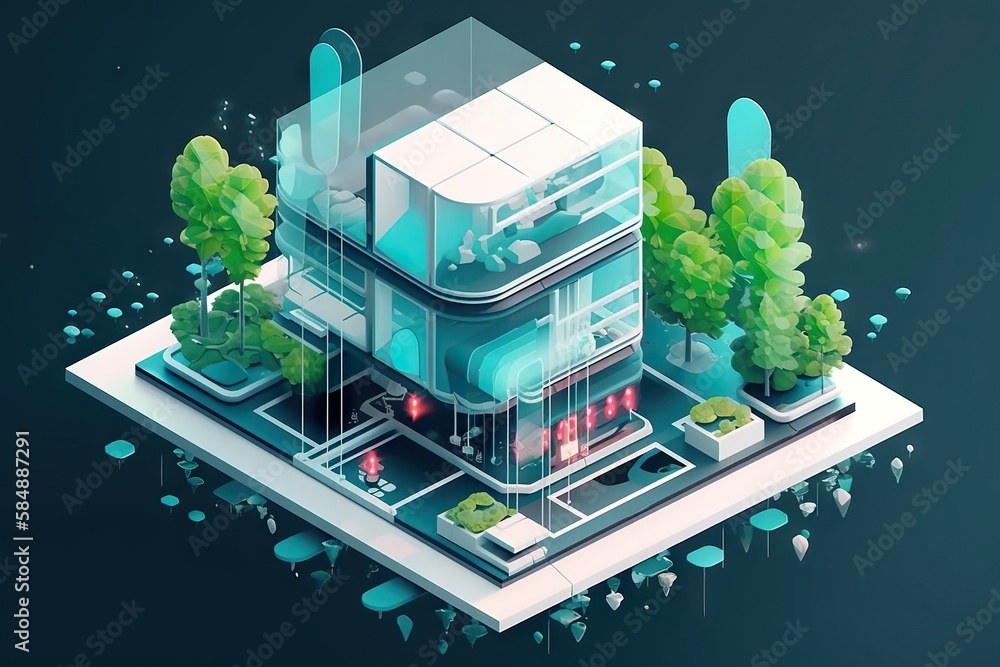 Poster a building with a lot of trees and plants on top of it office building animation smart homes generat