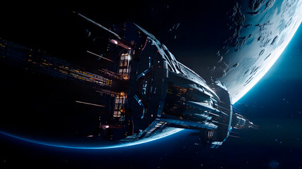 An intergalactic spaceship powered by a sustainable energy source, capable of traveling faster than the speed of light, docked at a space station orbiting a distant planet