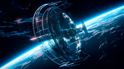 A space station orbiting a pulsar with a digital wave overlay, featuring advanced technology, holographic displays, and astronauts on a mission