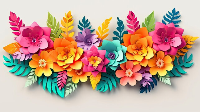 Colorful pastel paper flowers group created with Generative AI technology