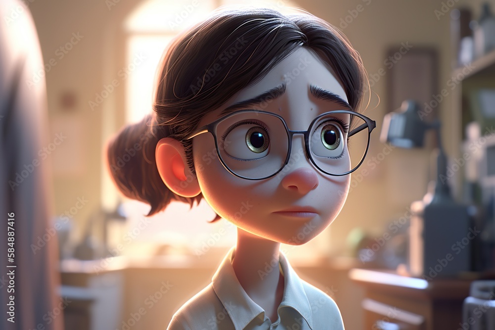 Poster a cartoon character with glasses and a ponytail in a kitchen looking at the camera classroom animati